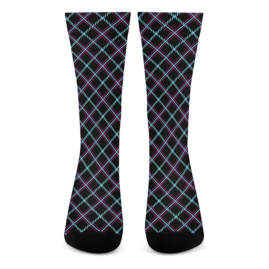 Black Blue And Pink Tartan Pattern Print Crew Socks