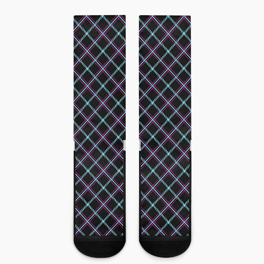 Black Blue And Pink Tartan Pattern Print Crew Socks