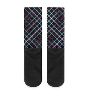 Black Blue And Pink Tartan Pattern Print Crew Socks