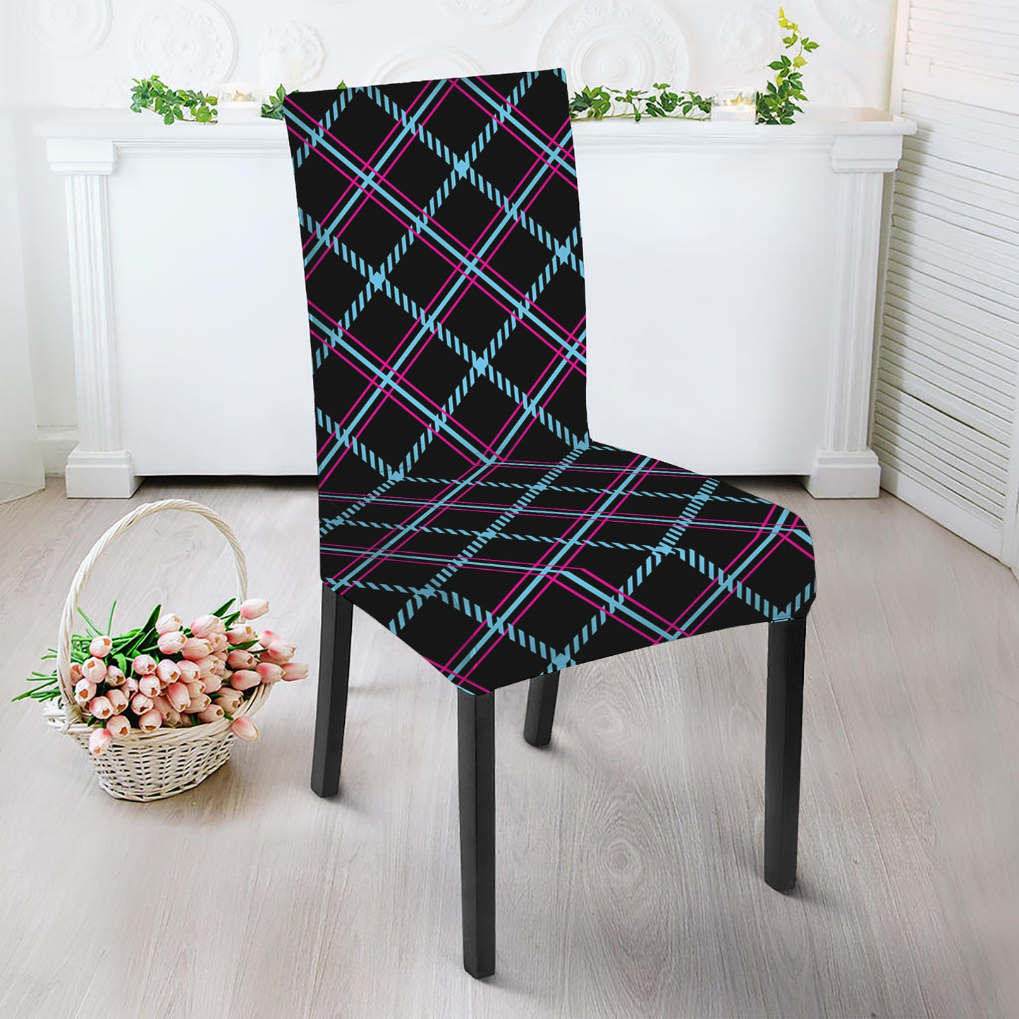Black Blue And Pink Tartan Pattern Print Dining Chair Slipcover