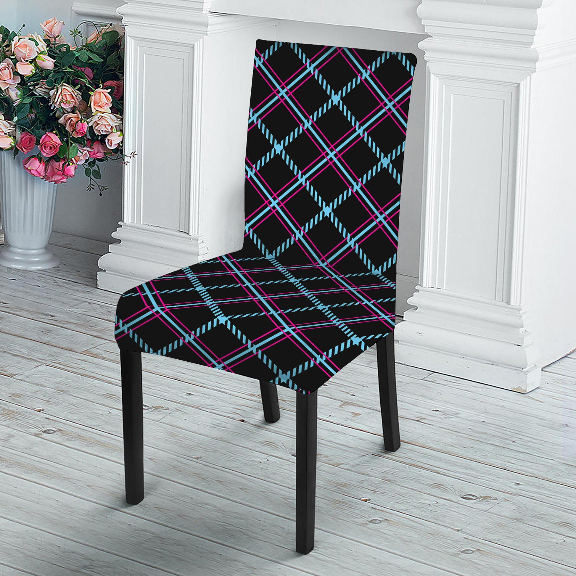 Black Blue And Pink Tartan Pattern Print Dining Chair Slipcover