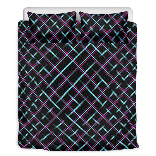 Black Blue And Pink Tartan Pattern Print Duvet Cover Bedding Set