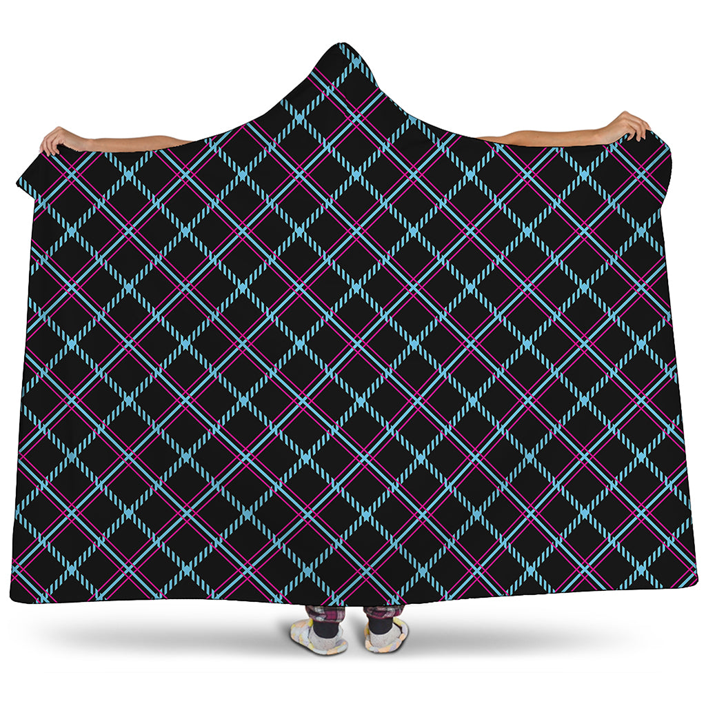 Black Blue And Pink Tartan Pattern Print Hooded Blanket