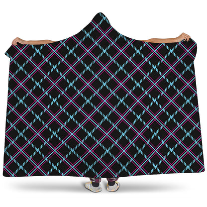 Black Blue And Pink Tartan Pattern Print Hooded Blanket