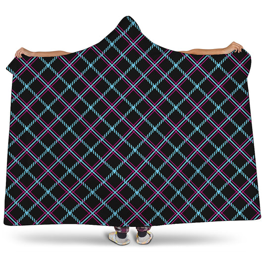 Black Blue And Pink Tartan Pattern Print Hooded Blanket