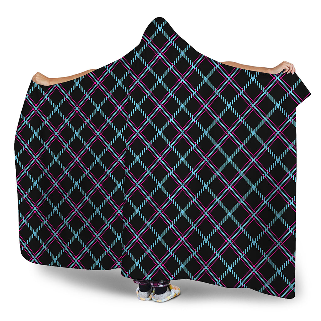 Black Blue And Pink Tartan Pattern Print Hooded Blanket