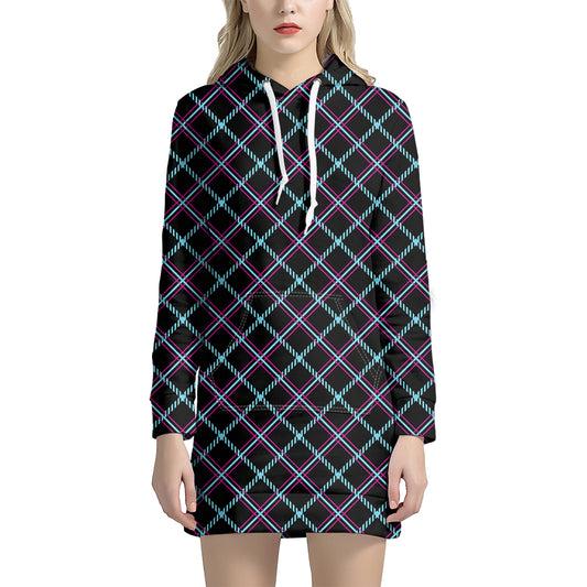 Black Blue And Pink Tartan Pattern Print Hoodie Dress