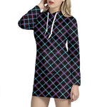 Black Blue And Pink Tartan Pattern Print Hoodie Dress