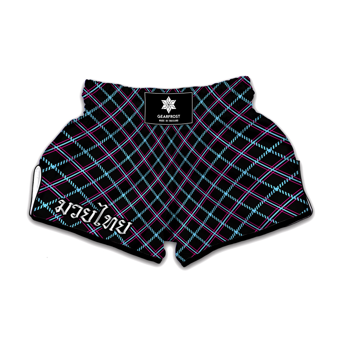 Black Blue And Pink Tartan Pattern Print Muay Thai Boxing Shorts