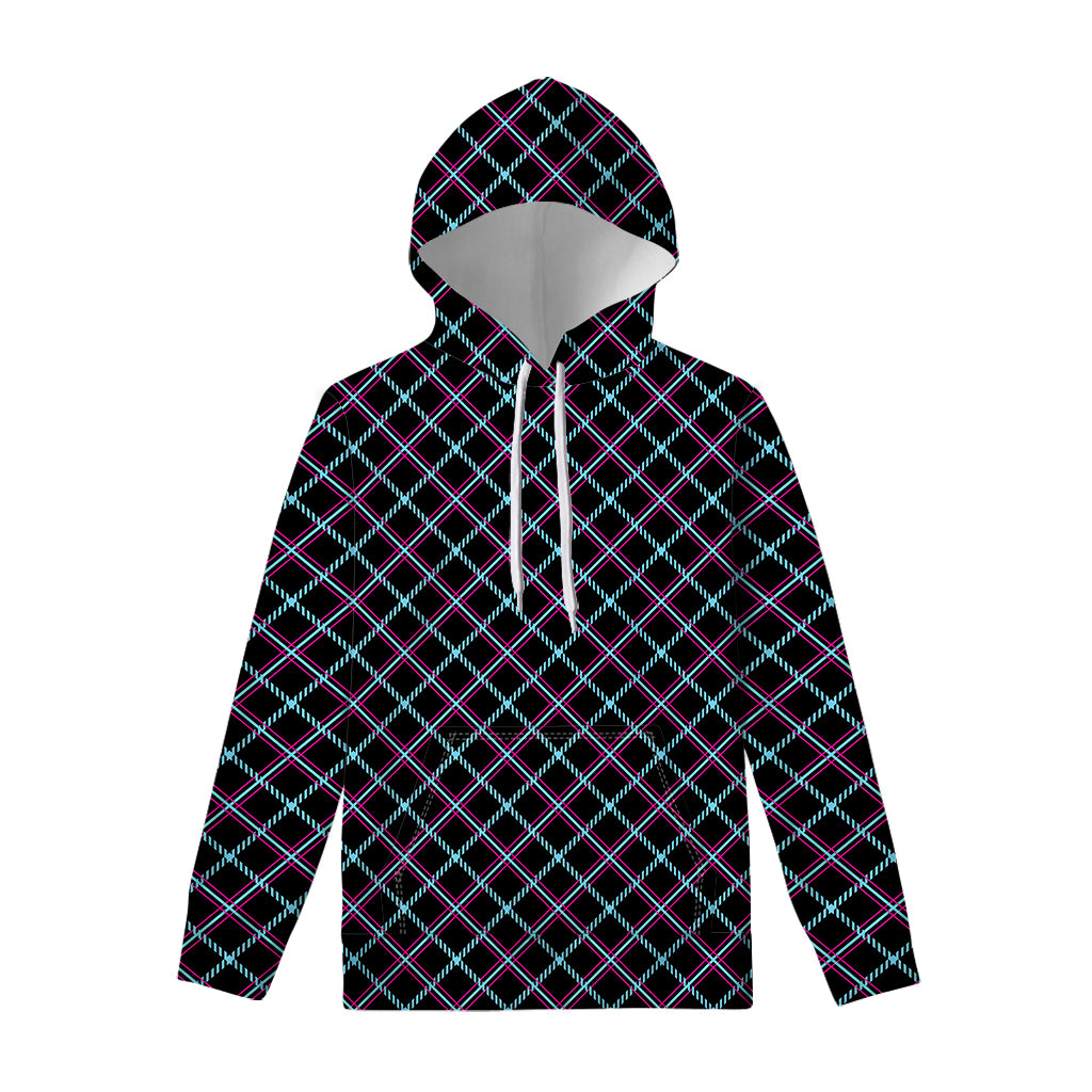 Black Blue And Pink Tartan Pattern Print Pullover Hoodie