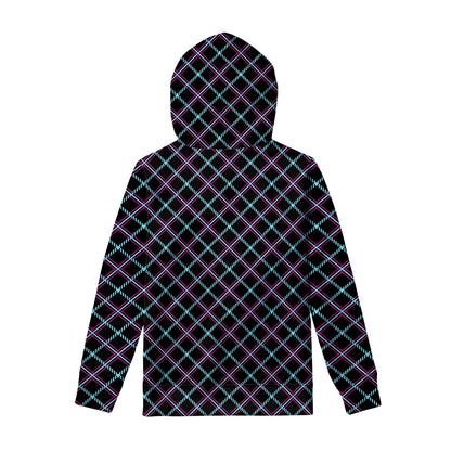 Black Blue And Pink Tartan Pattern Print Pullover Hoodie