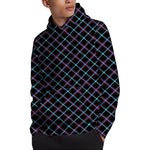 Black Blue And Pink Tartan Pattern Print Pullover Hoodie