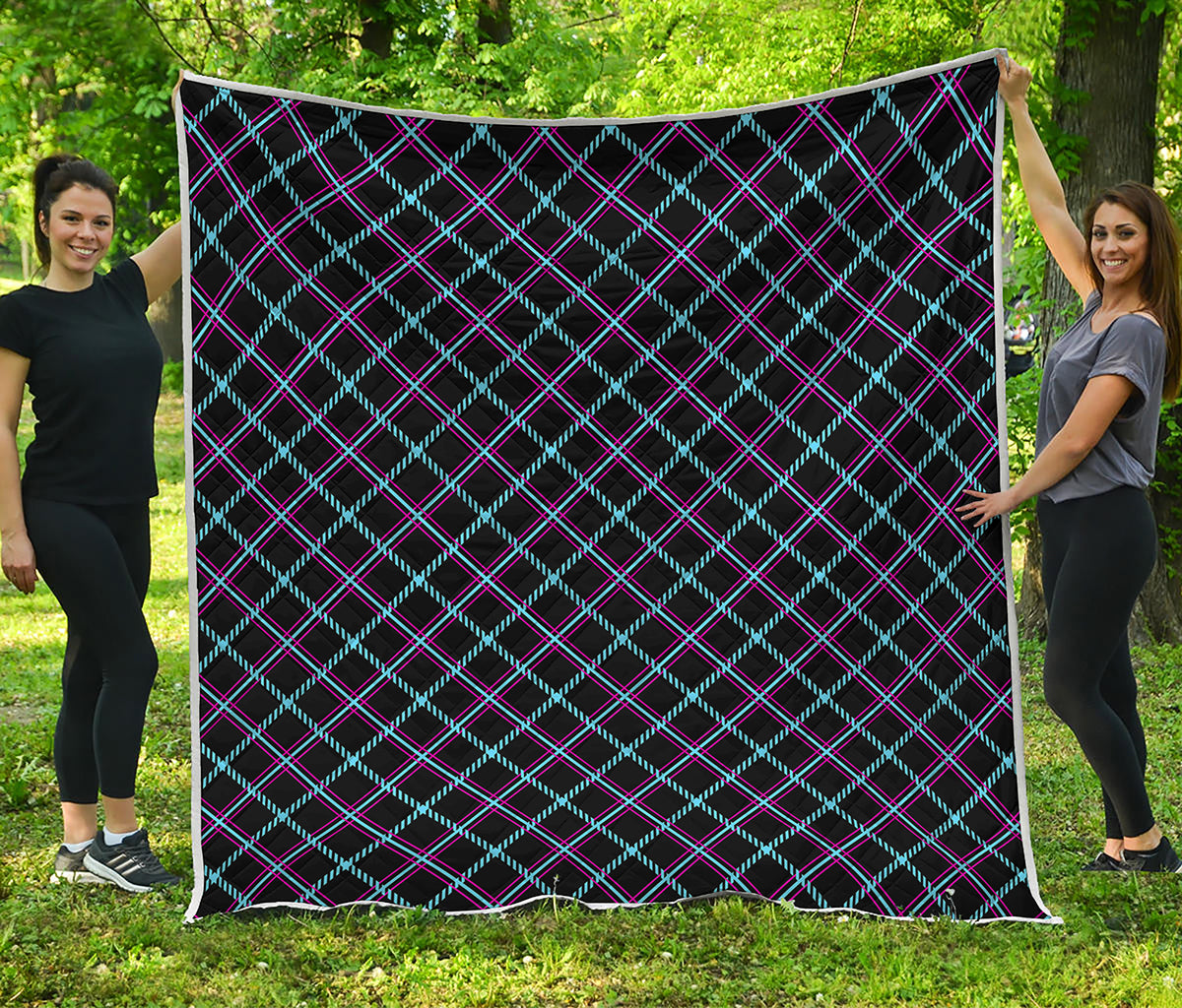 Black Blue And Pink Tartan Pattern Print Quilt