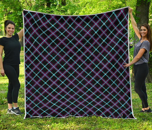 Black Blue And Pink Tartan Pattern Print Quilt