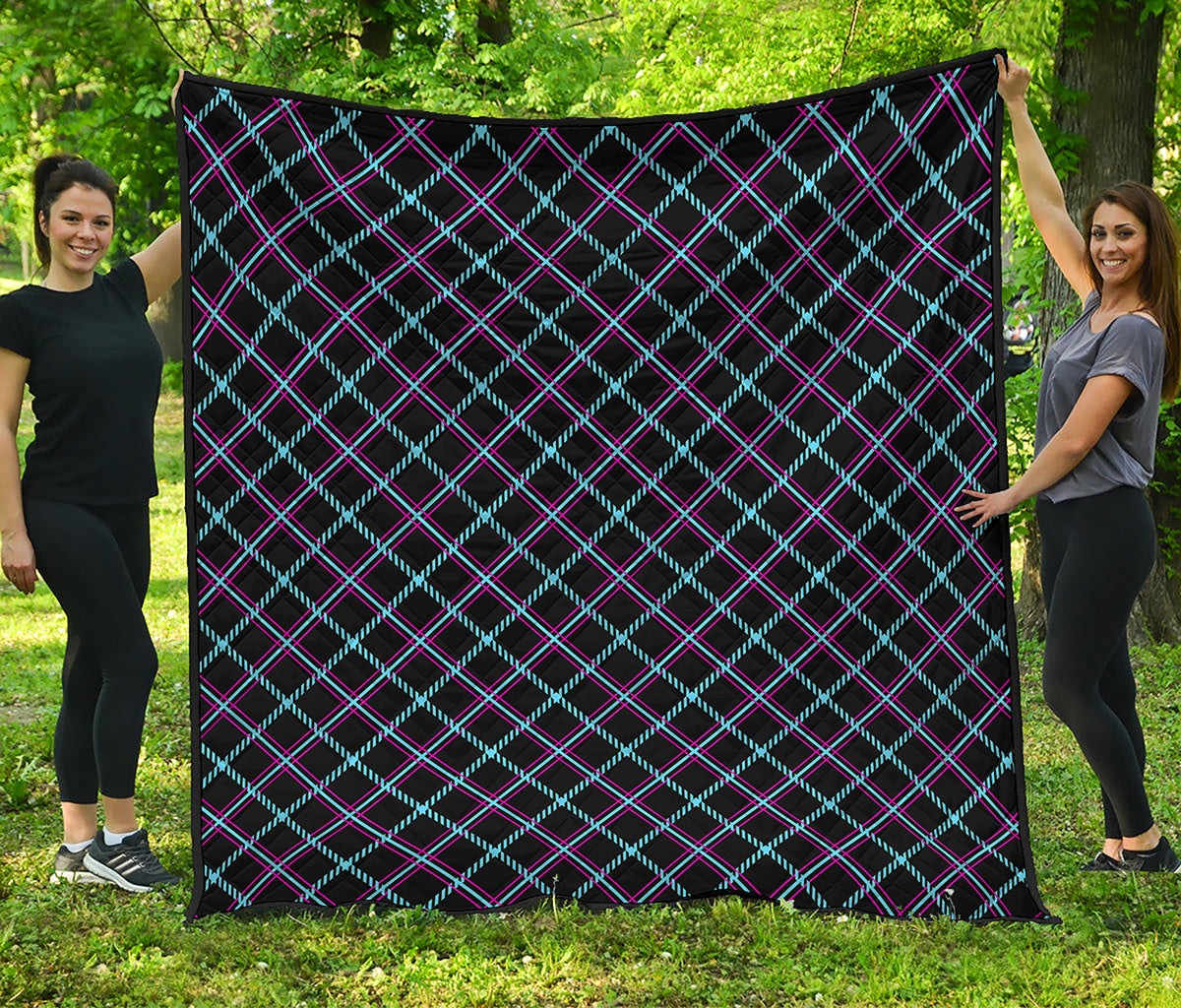 Black Blue And Pink Tartan Pattern Print Quilt