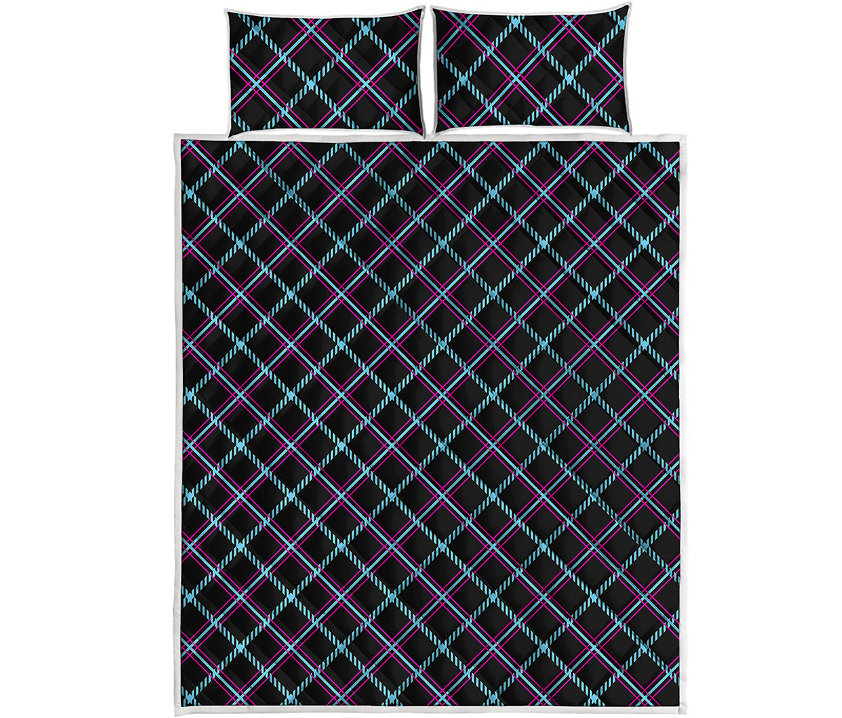 Black Blue And Pink Tartan Pattern Print Quilt Bed Set