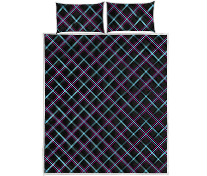 Black Blue And Pink Tartan Pattern Print Quilt Bed Set