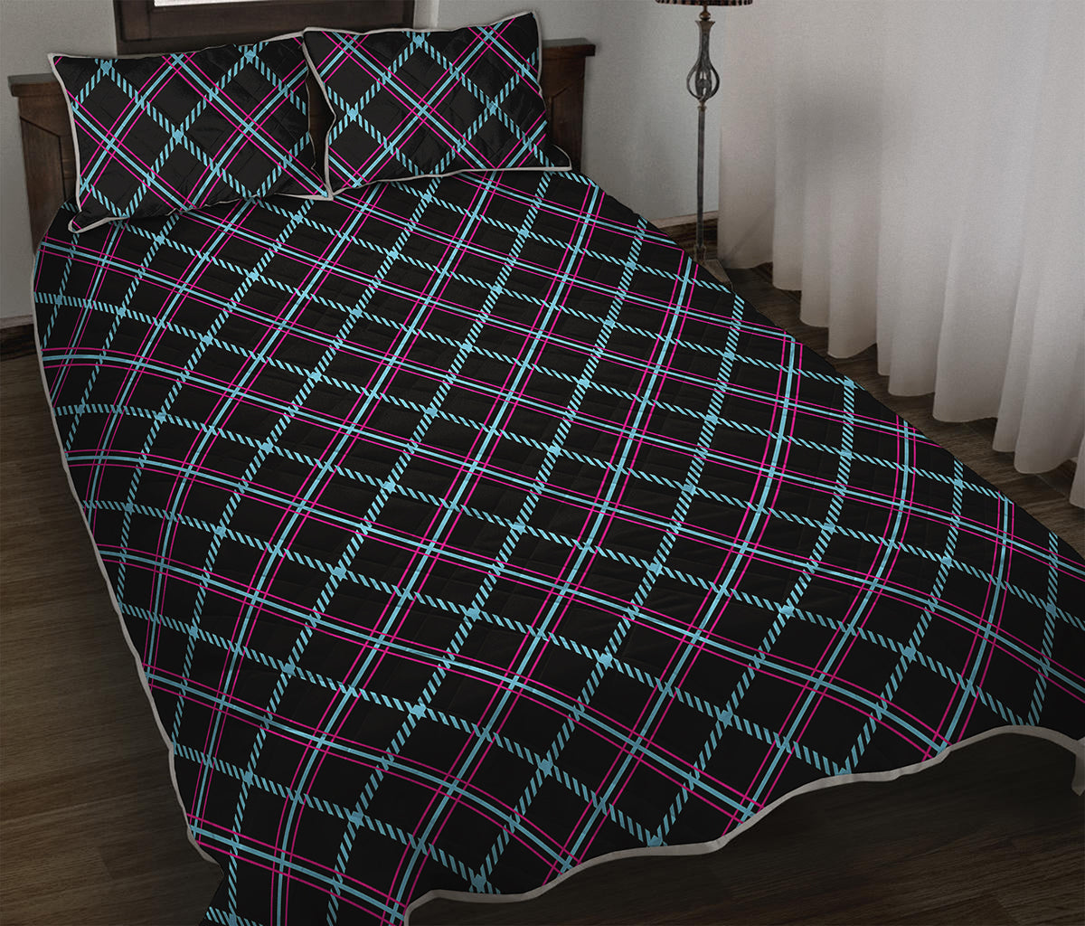 Black Blue And Pink Tartan Pattern Print Quilt Bed Set