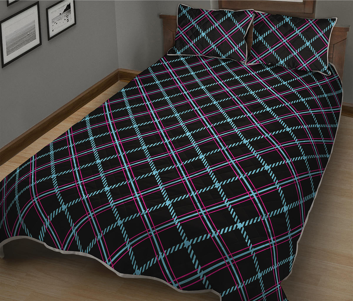 Black Blue And Pink Tartan Pattern Print Quilt Bed Set