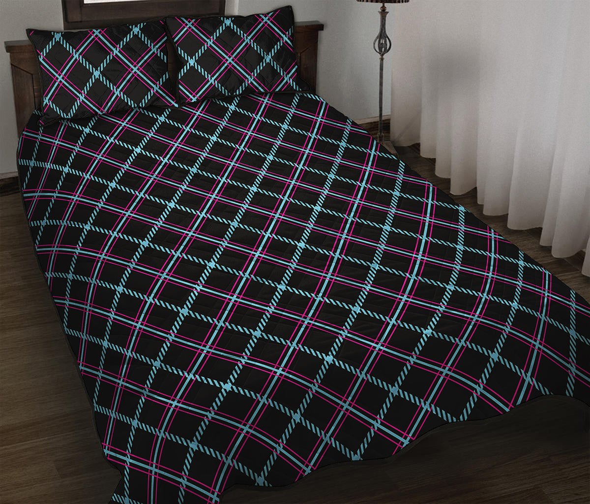 Black Blue And Pink Tartan Pattern Print Quilt Bed Set