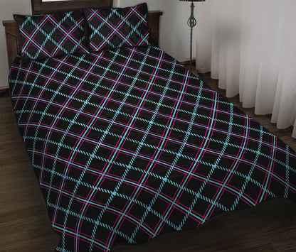 Black Blue And Pink Tartan Pattern Print Quilt Bed Set