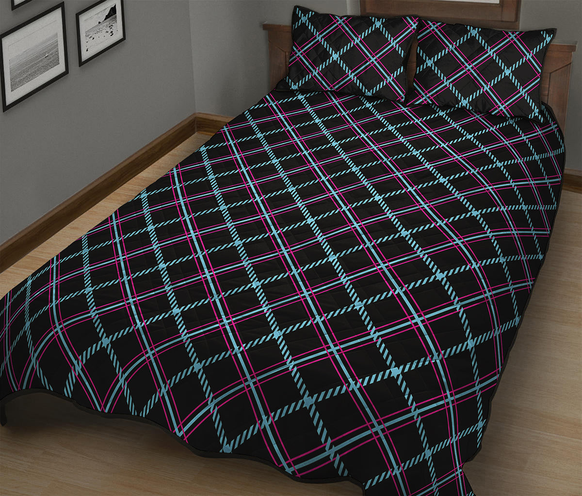 Black Blue And Pink Tartan Pattern Print Quilt Bed Set