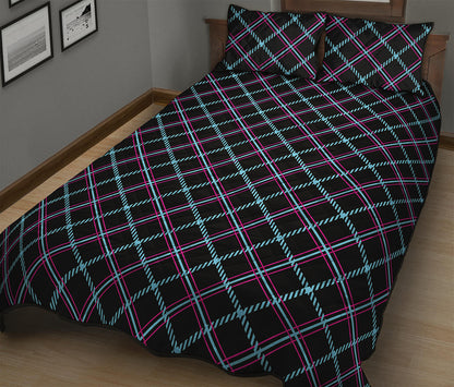 Black Blue And Pink Tartan Pattern Print Quilt Bed Set