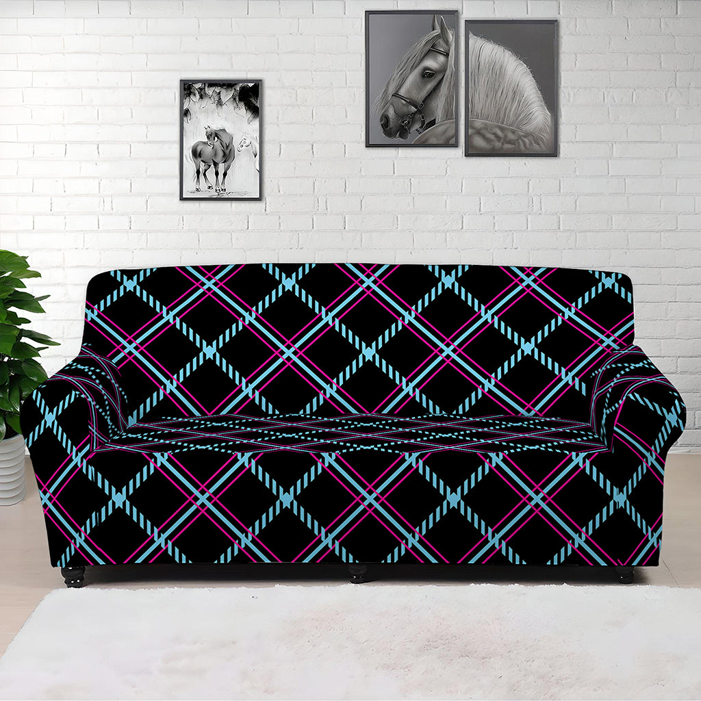 Black Blue And Pink Tartan Pattern Print Sofa Cover