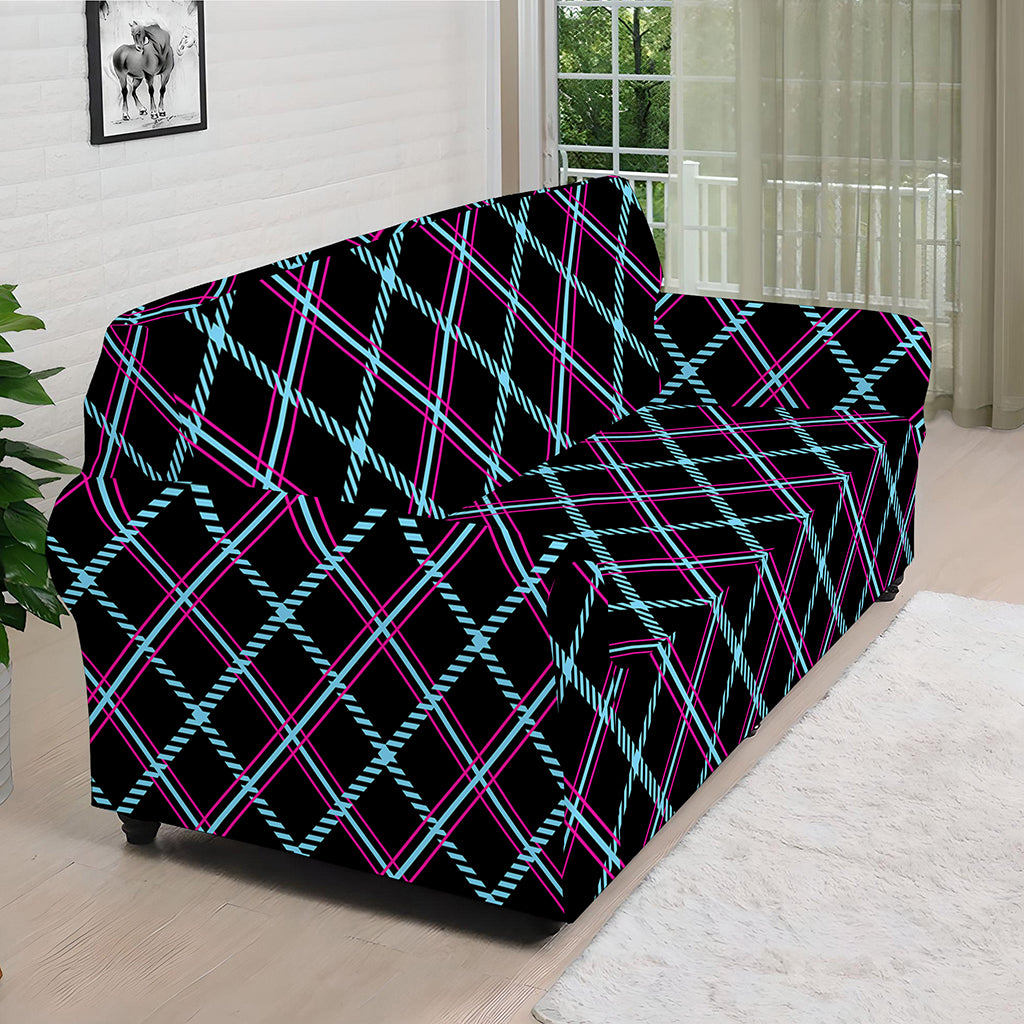 Black Blue And Pink Tartan Pattern Print Sofa Cover
