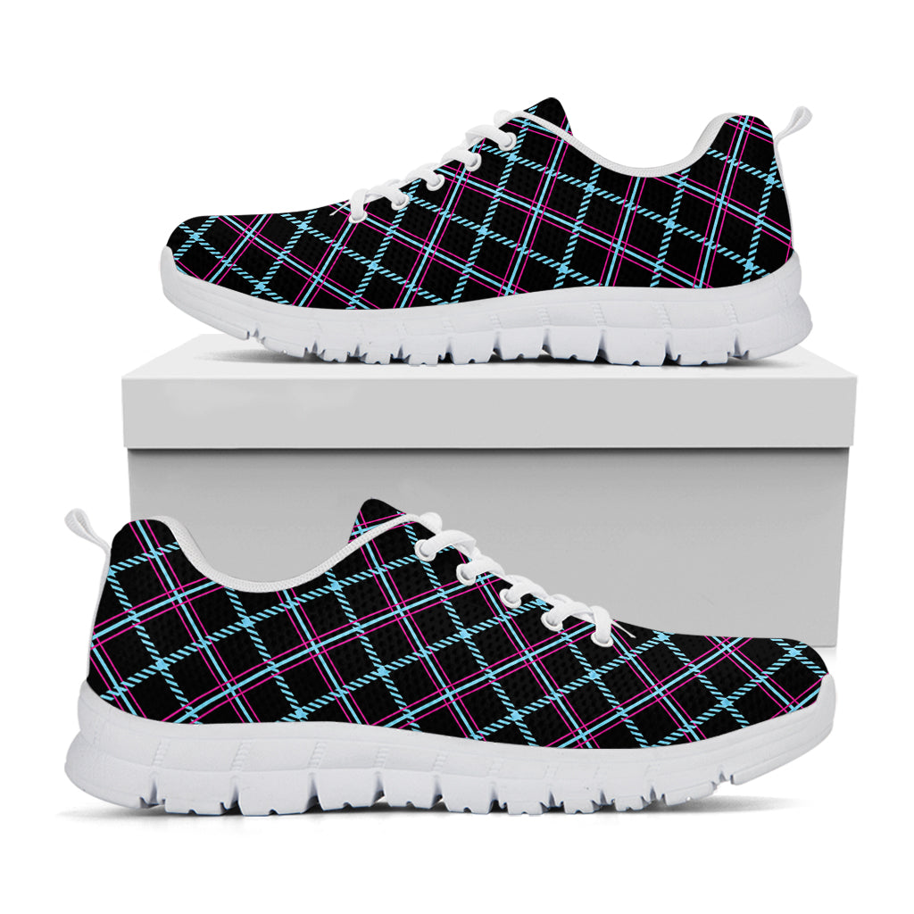 Black Blue And Pink Tartan Pattern Print White Sneakers