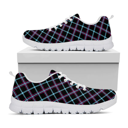 Black Blue And Pink Tartan Pattern Print White Sneakers