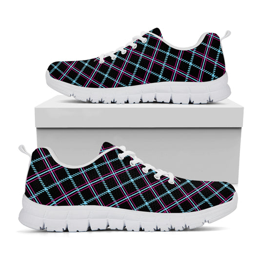 Black Blue And Pink Tartan Pattern Print White Sneakers