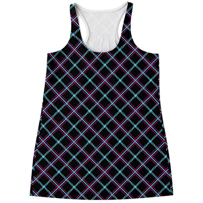 Black Blue And Pink Tartan Pattern Print Women's Racerback Tank Top