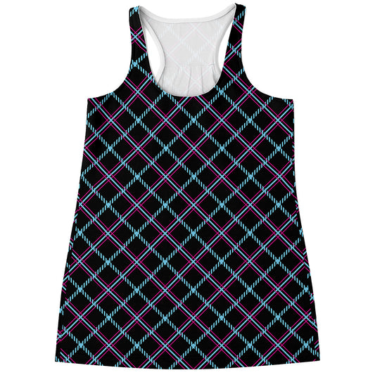 Black Blue And Pink Tartan Pattern Print Women's Racerback Tank Top