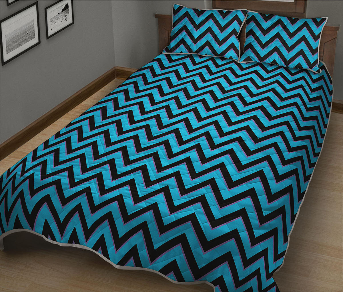 Black Blue And Purple Chevron Print Quilt Bed Set