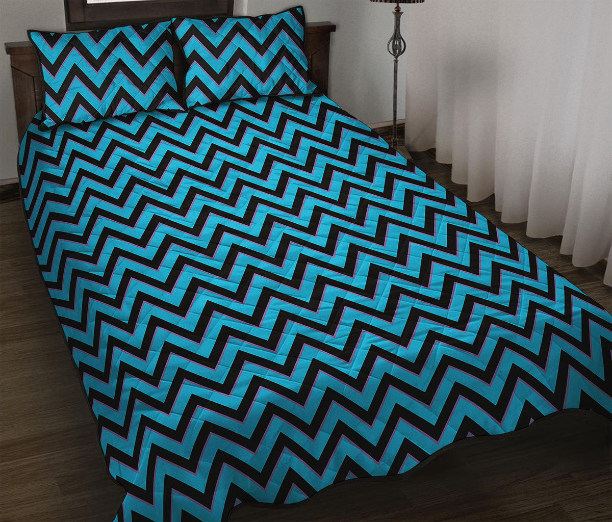 Black Blue And Purple Chevron Print Quilt Bed Set