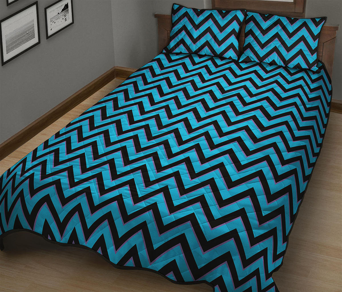 Black Blue And Purple Chevron Print Quilt Bed Set