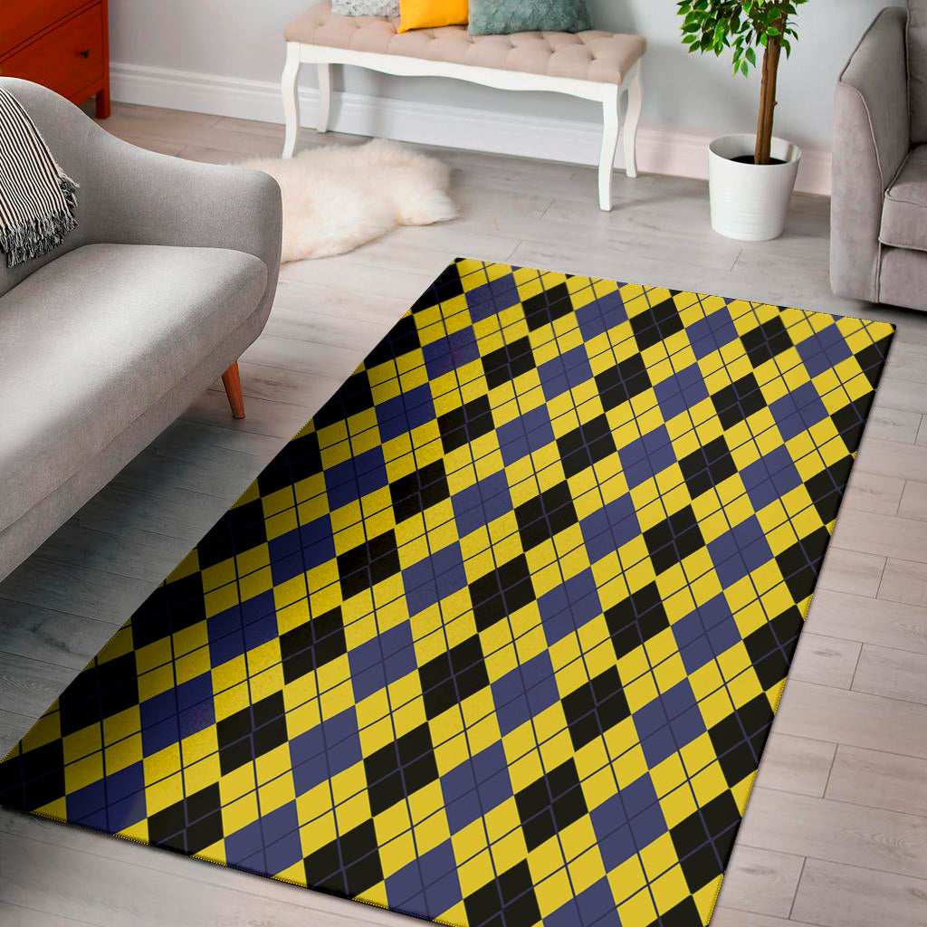 Black Blue And Yellow Argyle Print Area Rug