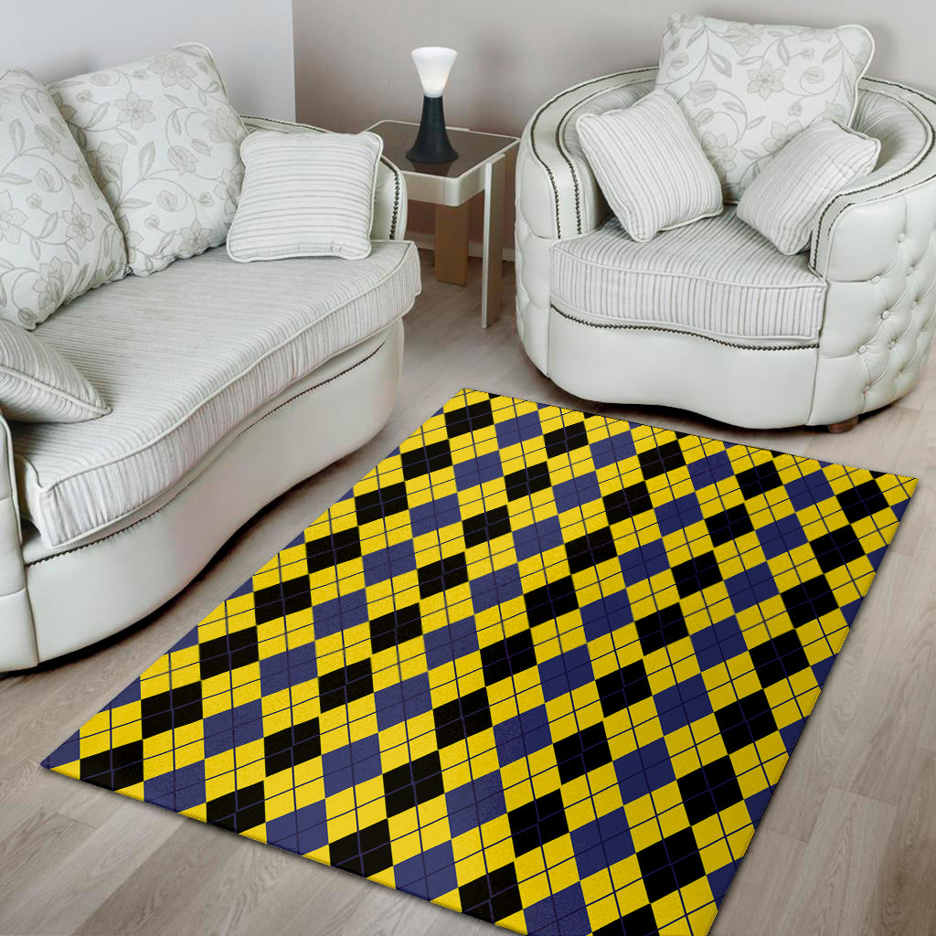 Black Blue And Yellow Argyle Print Area Rug