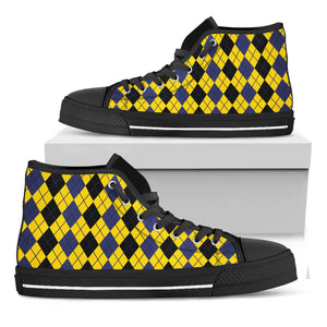 Black Blue And Yellow Argyle Print Black High Top Shoes