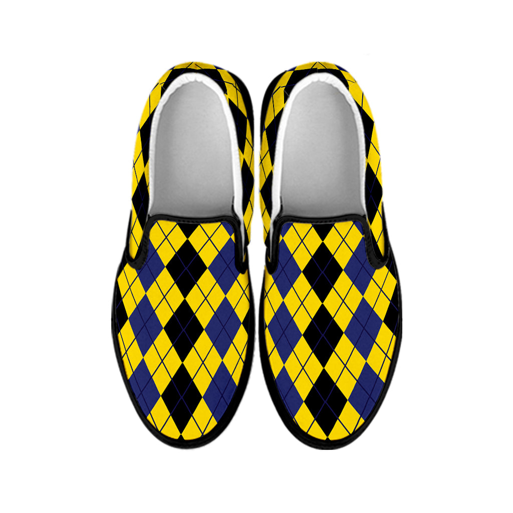 Black Blue And Yellow Argyle Print Black Slip On Shoes