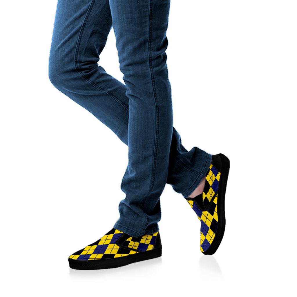 Black Blue And Yellow Argyle Print Black Slip On Shoes