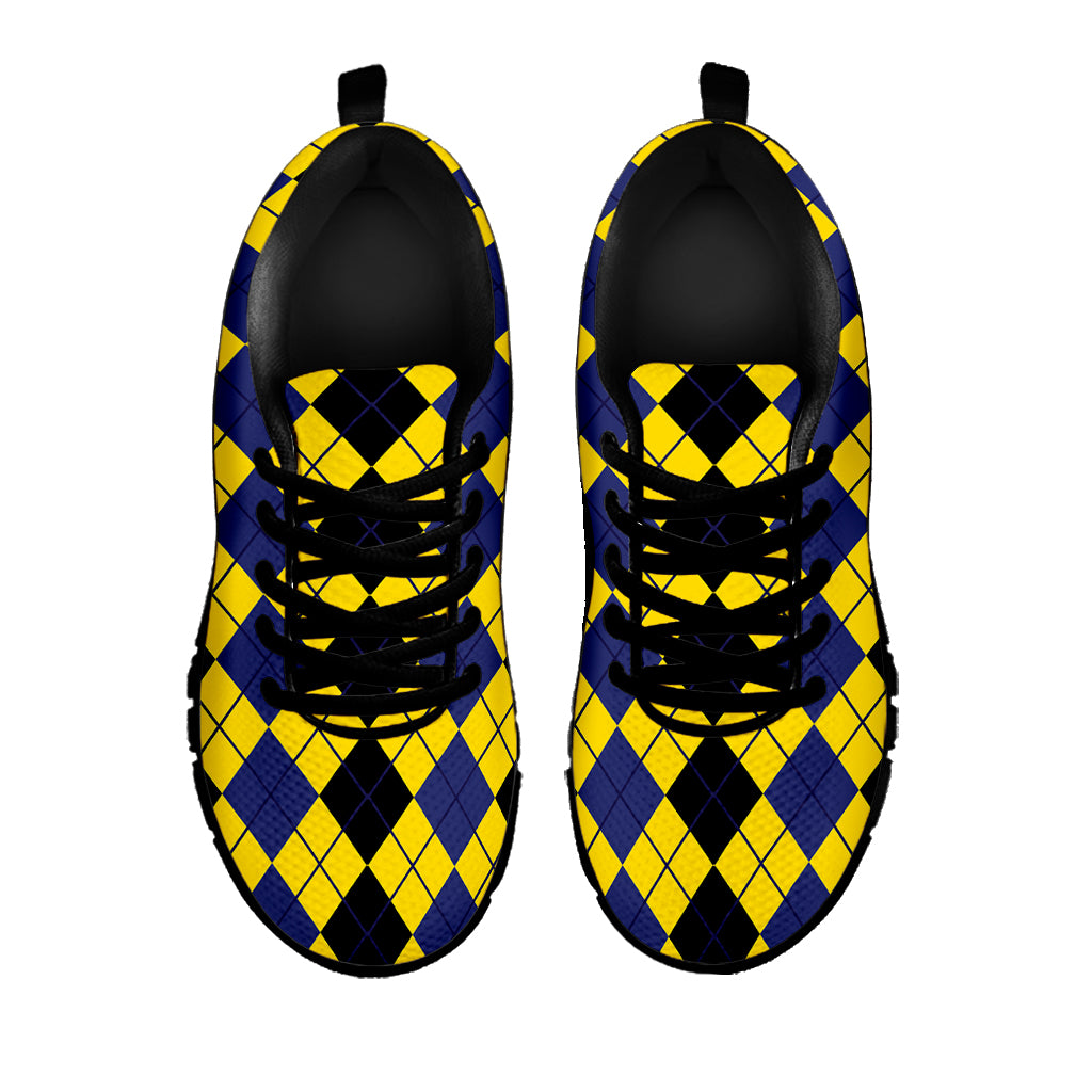 Black Blue And Yellow Argyle Print Black Sneakers