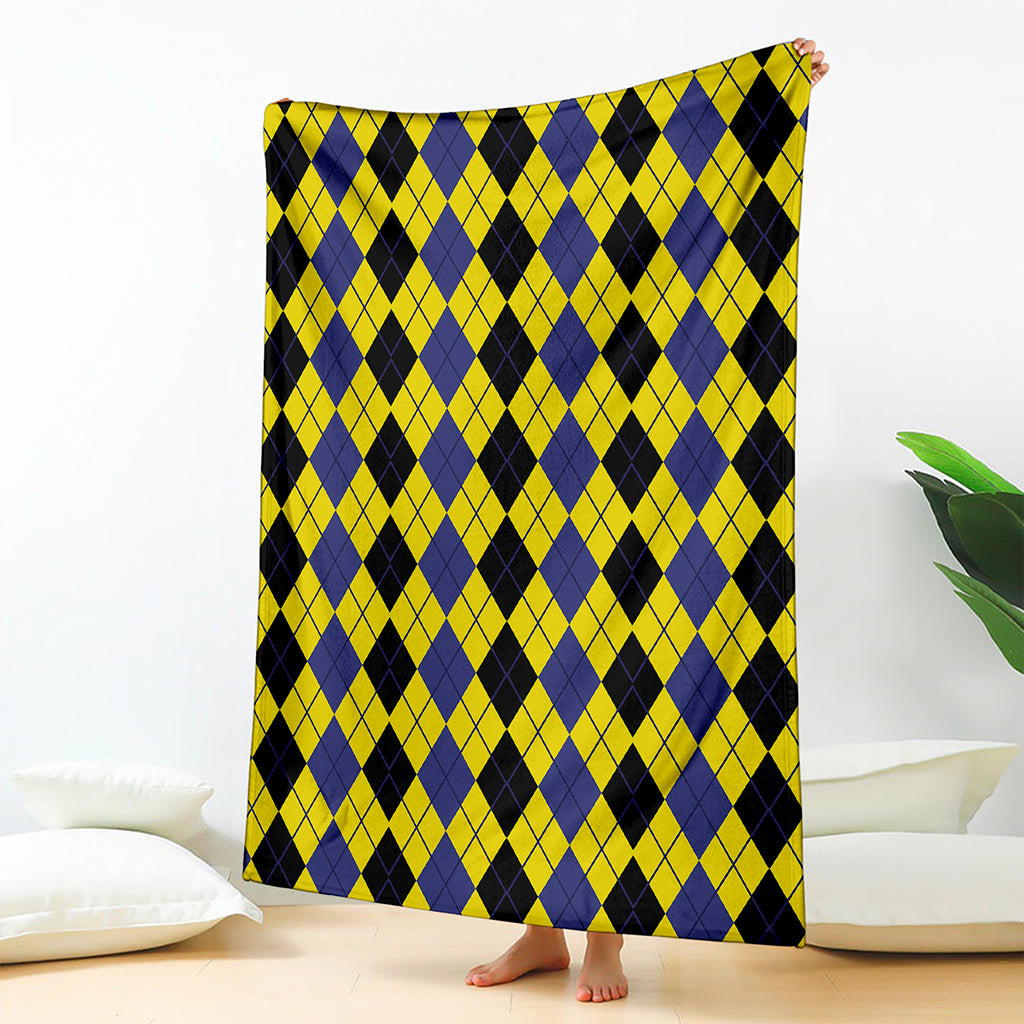 Black Blue And Yellow Argyle Print Blanket