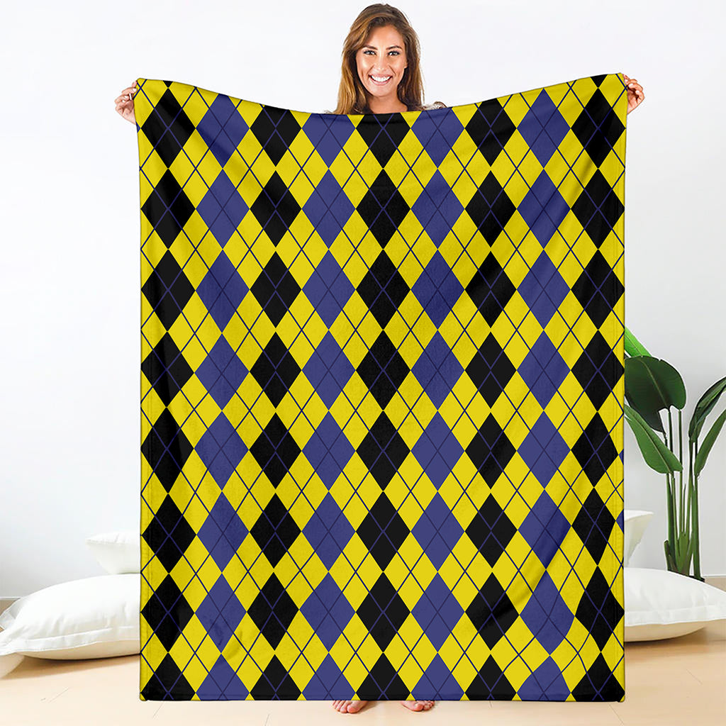 Black Blue And Yellow Argyle Print Blanket