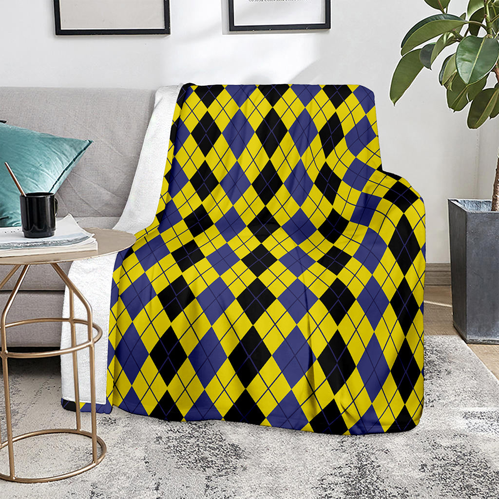 Black Blue And Yellow Argyle Print Blanket