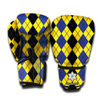 Black Blue And Yellow Argyle Print Boxing Gloves