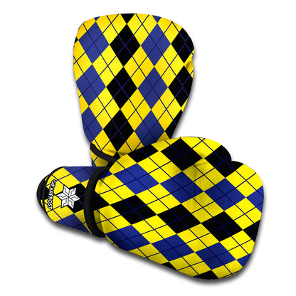 Black Blue And Yellow Argyle Print Boxing Gloves