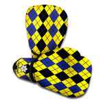 Black Blue And Yellow Argyle Print Boxing Gloves