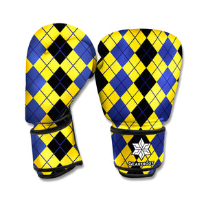 Black Blue And Yellow Argyle Print Boxing Gloves